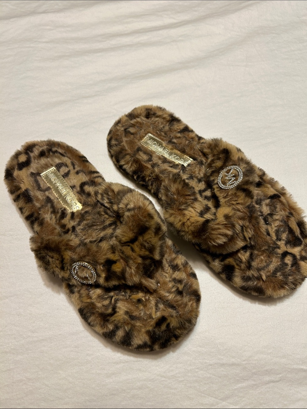 Michael Kors Leopard Print Faux Fur Flip Flop style Slippers with Crystal Logo